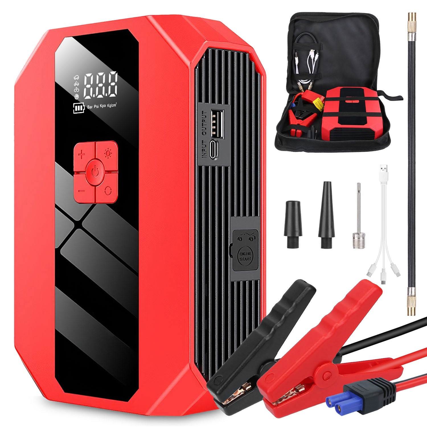 Arrancador Portátil Coche 1500A Compresor Aire 400PSI Cargador Batería Power Bank Linterna LED Inflador Neumáticos Digital Motor Gasolina 4.0L Diésel 2.0L