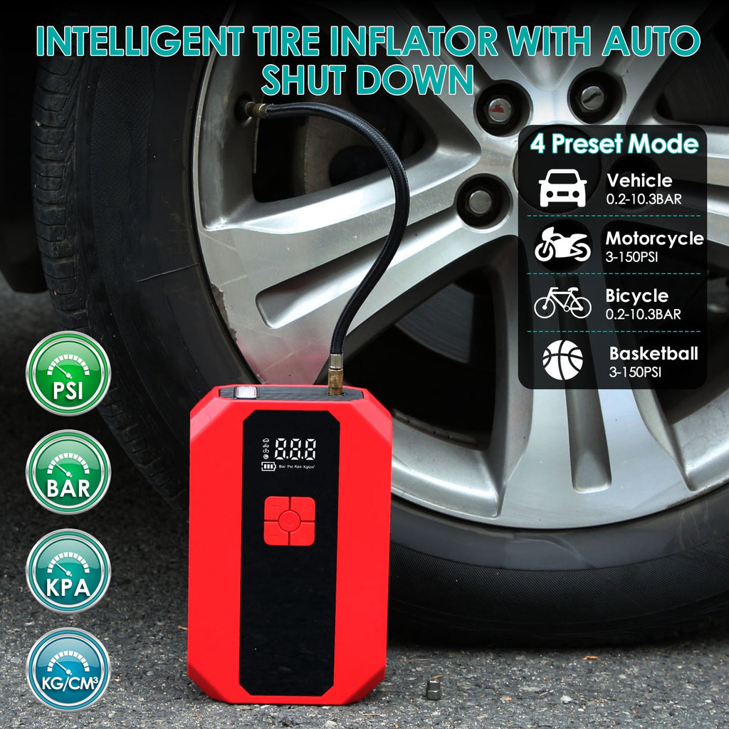 Arrancador Portátil Coche 1500A Compresor Aire 400PSI Cargador Batería Power Bank Linterna LED Inflador Neumáticos Digital Motor Gasolina 4.0L Diésel 2.0L
