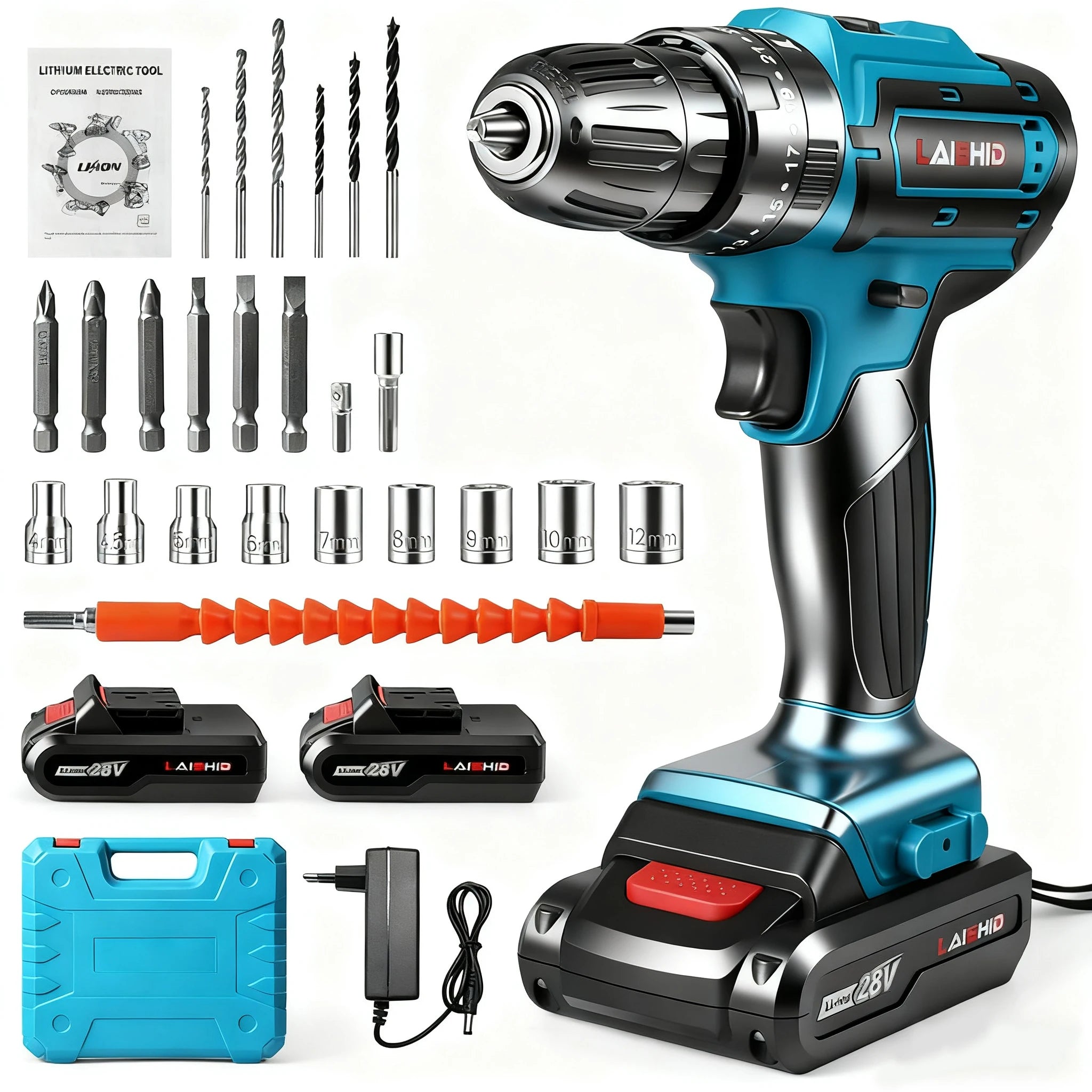 Taladro Atornillador Inalámbrico 21V Betuyoo - Kit 24 Piezas con 2 Baterías