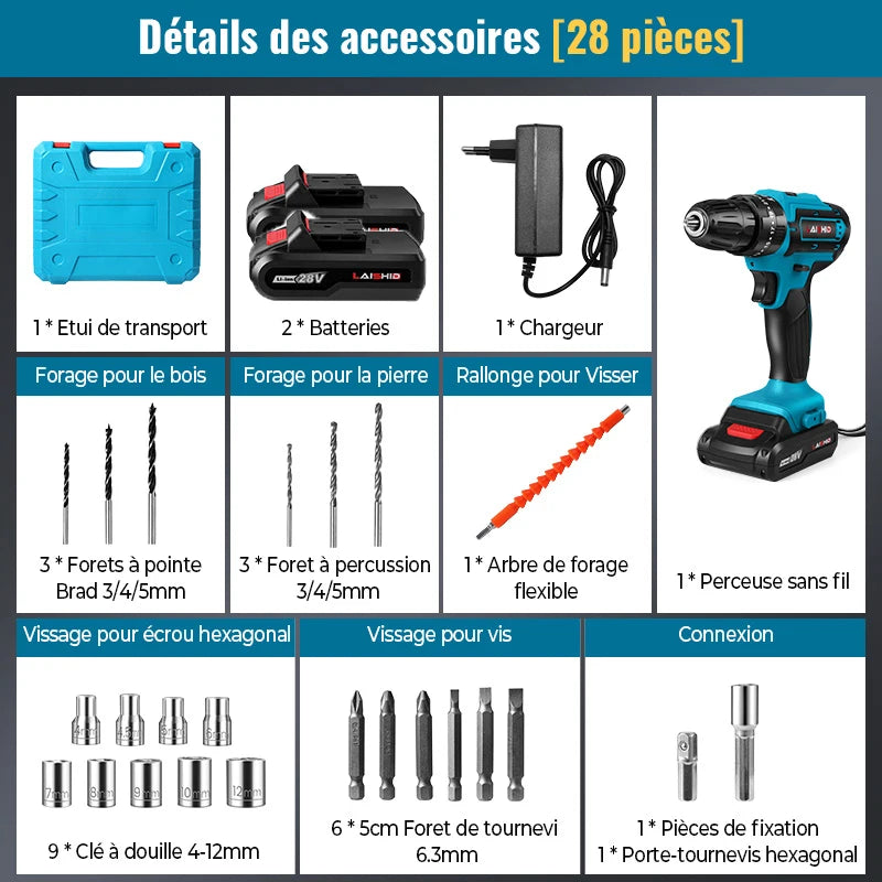 Taladro Atornillador Inalámbrico 21V Betuyoo - Kit 24 Piezas con 2 Baterías