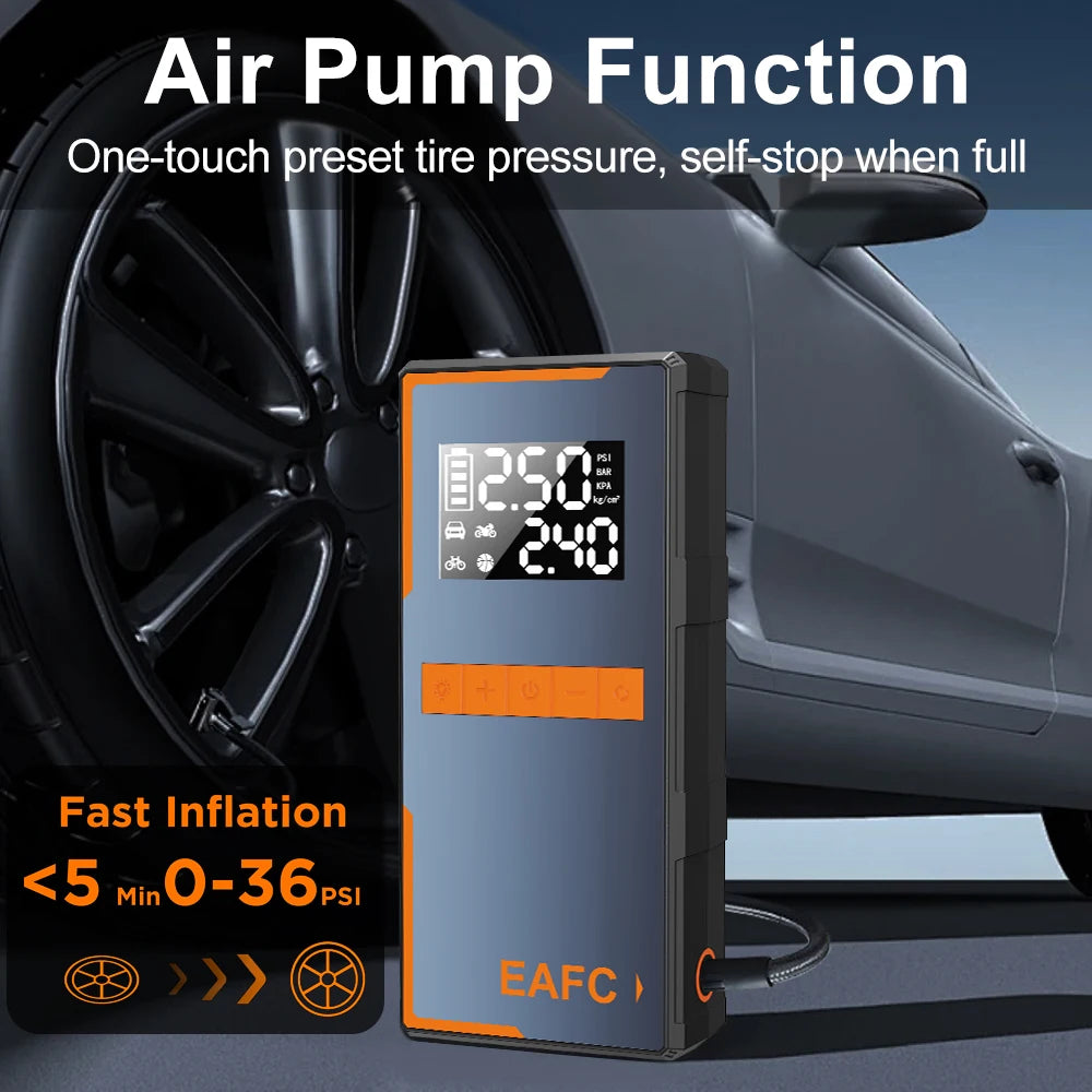 EAFC 4-in-1 Car Emergency Jump Starter 1200A Peak Current 150PSI Air Pump Tire Inflator Power Bank Booster Multipurpose Tool