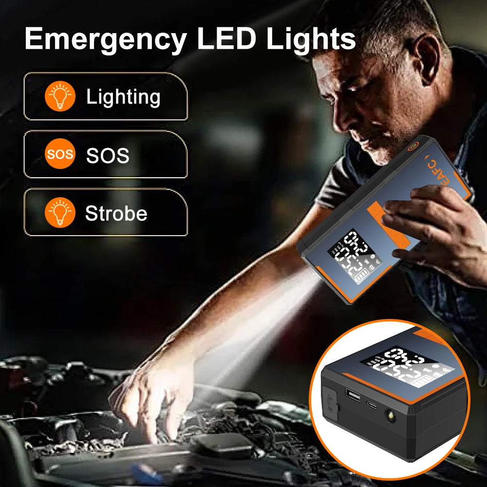 EAFC 4-in-1 Car Emergency Jump Starter 1200A Peak Current 150PSI Air Pump Tire Inflator Power Bank Booster Multipurpose Tool