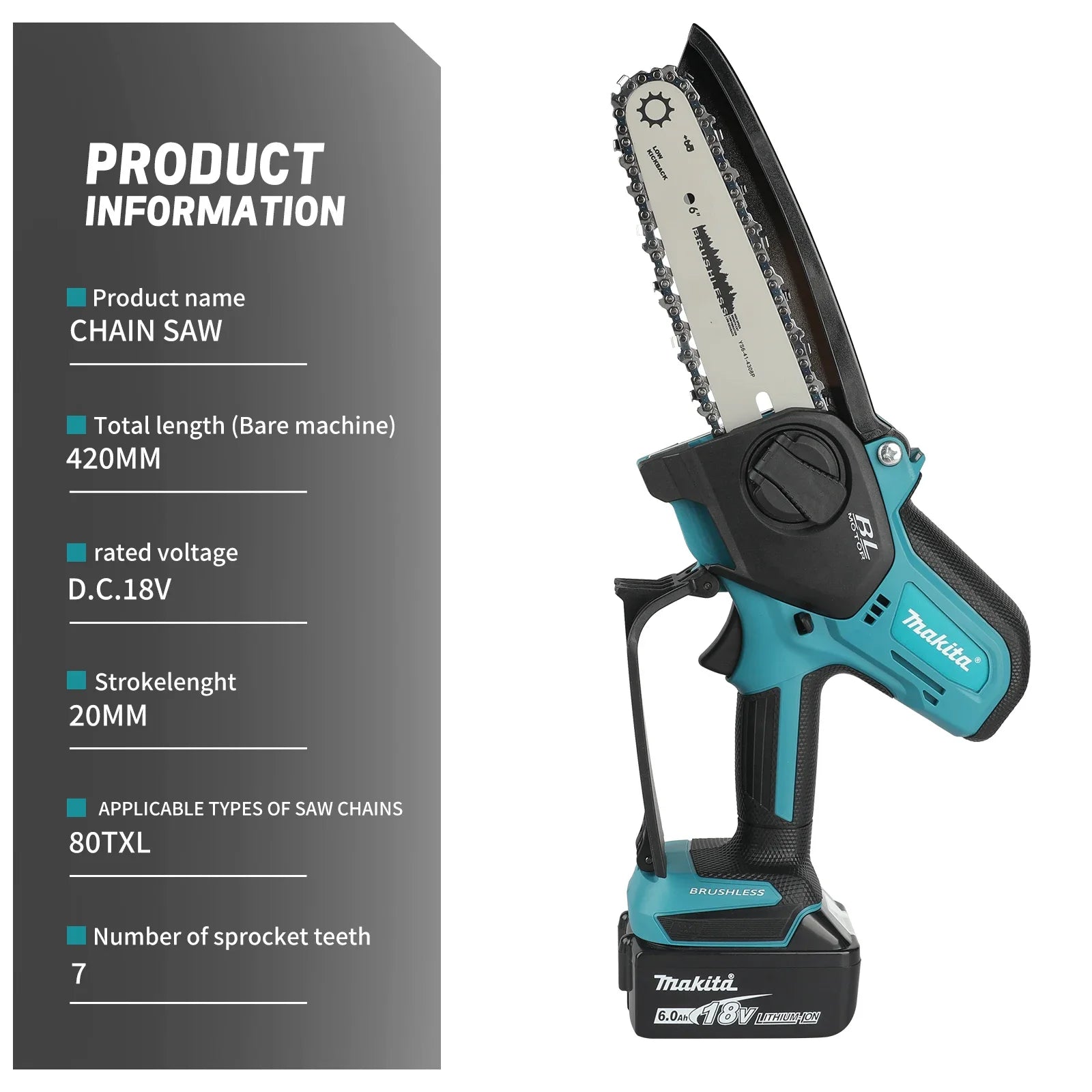 Motosierra inalámbrica Makita de 18 V sin escobillas, 20 mm de recorrido